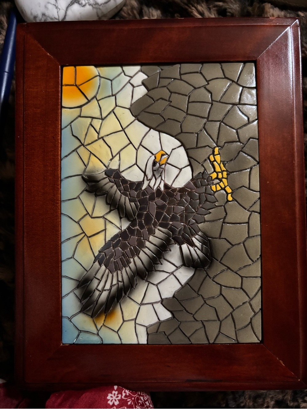Handcrafted Multicolor Mosaic Eagle Wall Art – Brown Frame